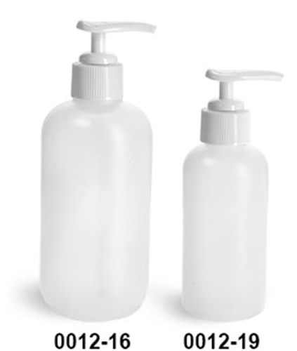 Plastic Bottles, Natural HDPE Boston Round Bottles w/ White Pumps