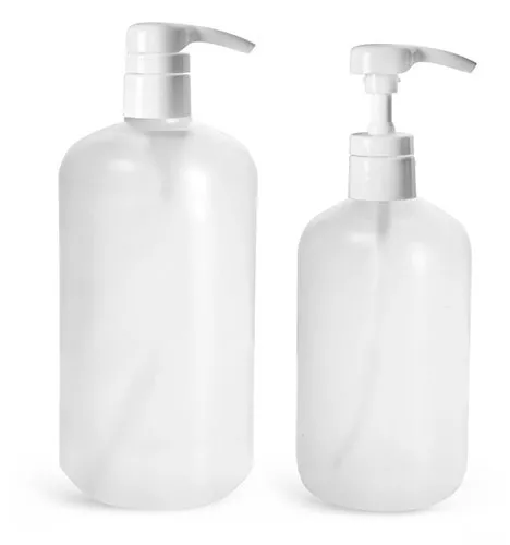 HDPE Plastic Bottles, Natural Boston Round Bottles w/ Smooth White 4 cc Lotion Pumps