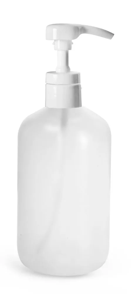 16 oz HDPE Plastic Bottles, Natural Boston Round Bottles w/ Smooth White Lotion Pumps