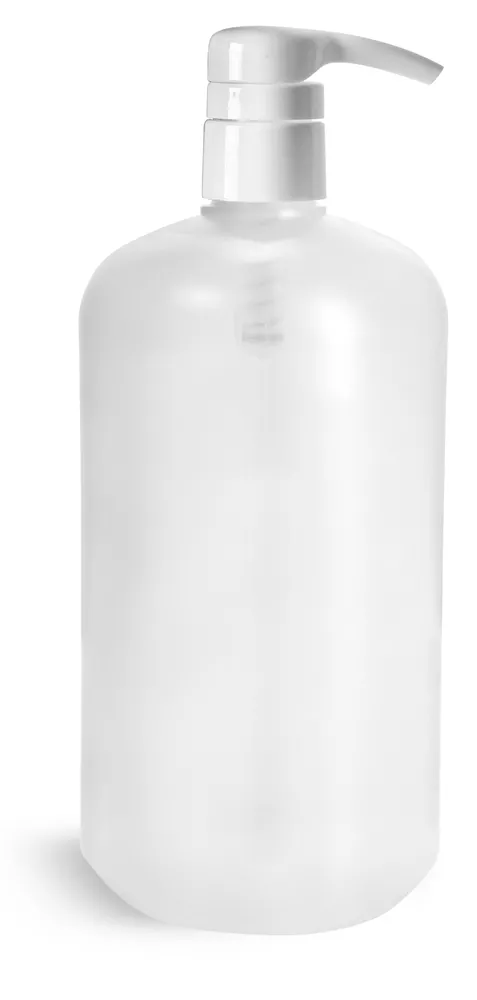 32 oz Natural HDPE Boston Round Bottles w/ Smooth White Polypropylene Pumps
