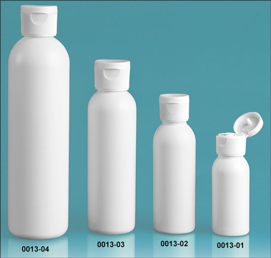 Plastic Bottles, White HDPE Cosmo Round Bottles w/ White Polypropylene Ribbed Snap Top Caps