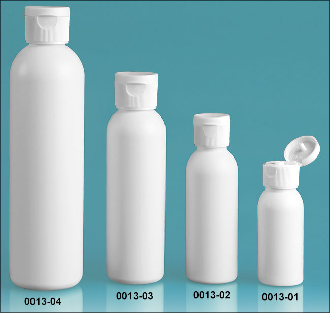 Plastic Bottles, White HDPE Cosmo Round Bottles w/ White Polypropylene Ribbed Snap Top Caps