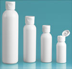 HDPE Plastic Bottles, White Cosmo Round Bottles w/ White Polypropylene Ribbed Snap Top Caps