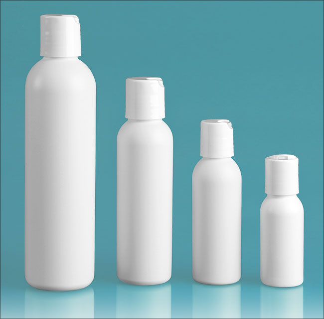 HDPE Plastic Bottles, White Cosmo Round Bottles w/ White Polypro Disc Top Caps