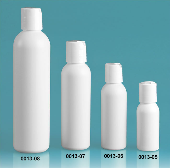 Plastic Bottles, White HDPE Cosmo Round Bottles w/ White Polypro Disc Top Caps