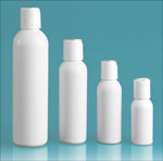 HDPE Plastic Bottles, White Cosmo Round Bottles w/ White Polypro Disc Top Caps