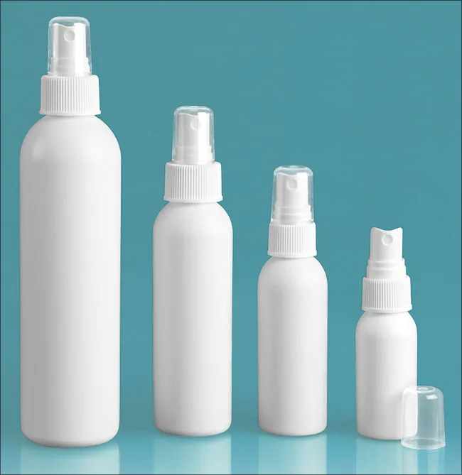 White Cosmo Round Bottles w/ White Polypropylene Fine Mist Sprayers