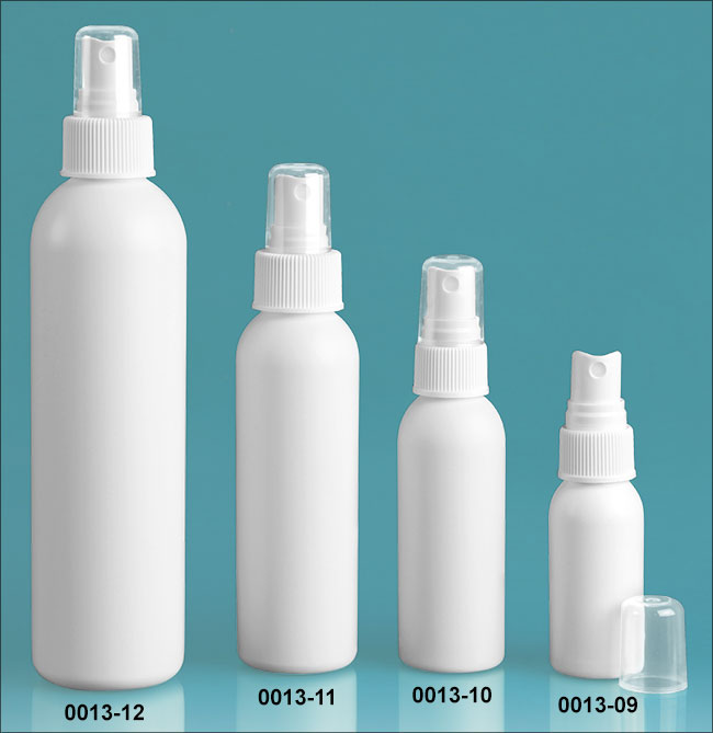 Plastic Bottles, White HDPE Cosmo Round Bottles w/ White Polypropylene Fine Mist Sprayers