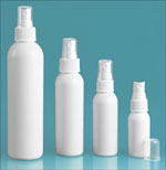 HDPE Plastic Bottles, White Cosmo Round Bottles w/ White Polypropylene Fine Mist Sprayers