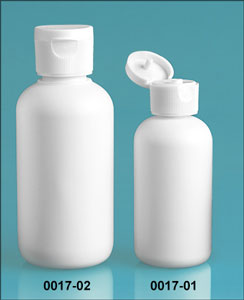 Plastic Bottles, White HDPE Boston Rounds w/ White Ribbed Snap Top Caps