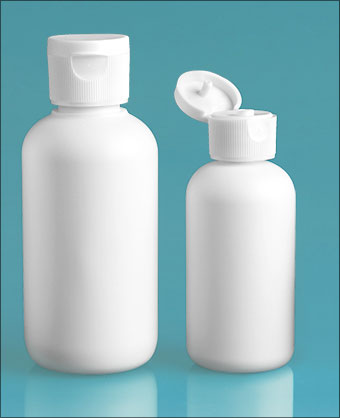 HDPE Plastic Bottles, White Boston Round Bottles w/ White Ribbed Snap Top Caps