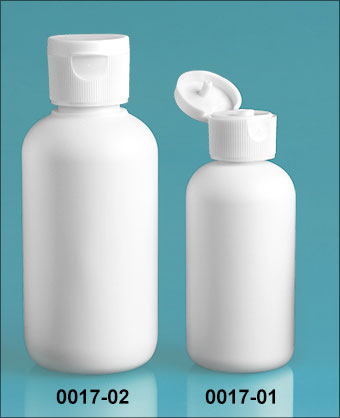 Plastic Bottles, White HDPE Boston Rounds w/ White Ribbed Snap Top Caps