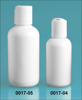 Plastic Bottles, White HDPE Boston Rounds w/ White Disc Top Caps