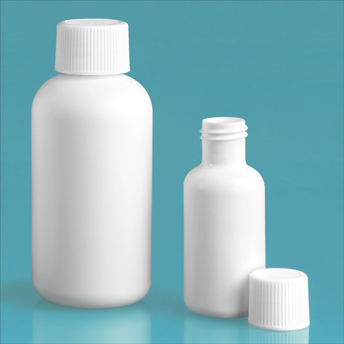 HDPE Plastic Bottles, White Boston Round Bottles w/ White Ribbed Lined Caps
