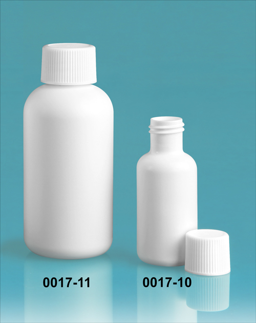 Plastic Bottles, White HDPE Boston Rounds w/ White Ribbed Lined Caps