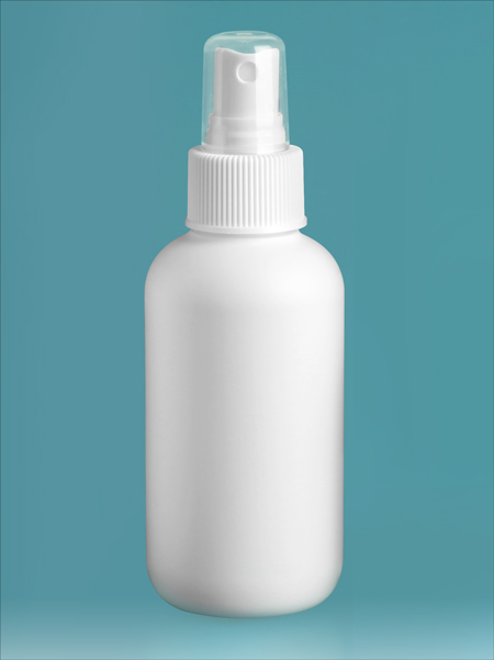 Plastic Bottles, White HDPE Boston Rounds w/ White Sprayers