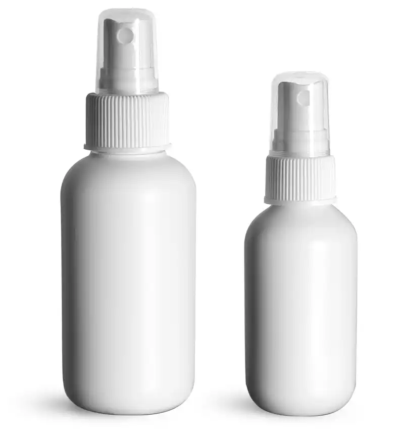 White HDPE Boston Round Bottles w/ White Sprayers  