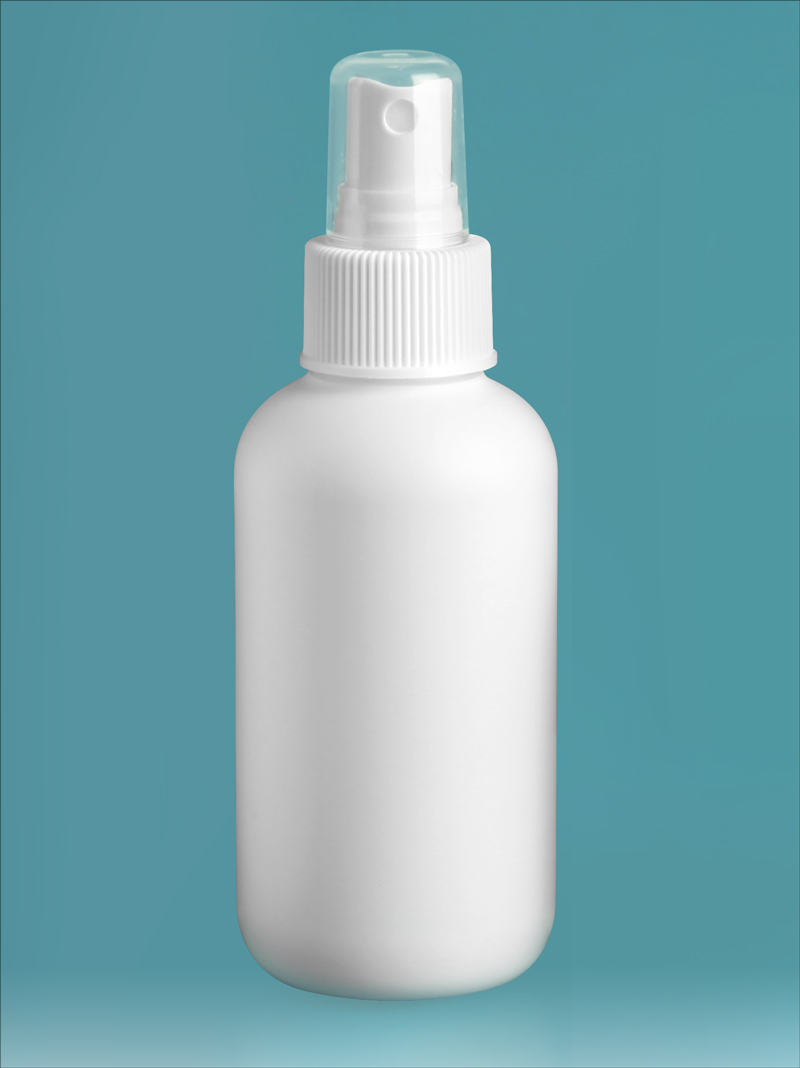 HDPE Plastic Bottles, White Boston Round Bottles w/ White Sprayers