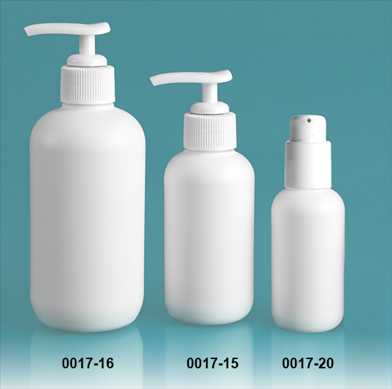 Plastic Bottles, White HDPE Boston Rounds w/ White Lotion Pumps