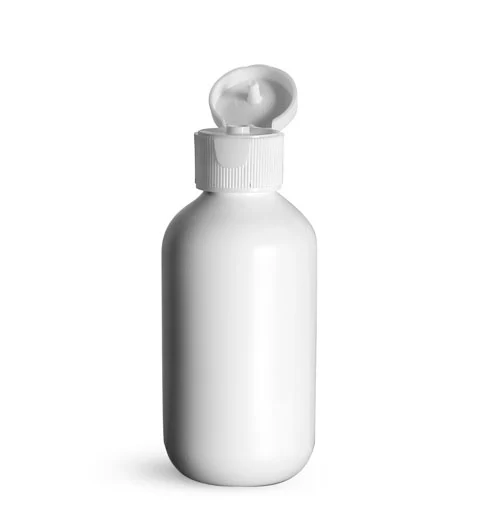 HDPE Plastic Bottles, White Boston Round Bottles w/ White Ribbed Snap Top Caps