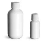 HDPE Plastic Bottles, White Boston Round Bottles w/ White Ribbed Lined Caps