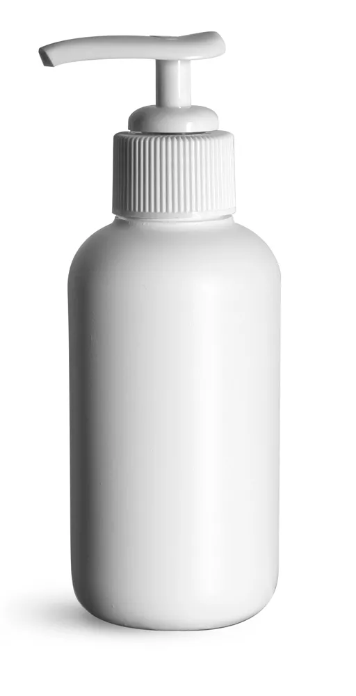 4 oz White HDPE Boston Round Bottles w/ White Lotion Pumps