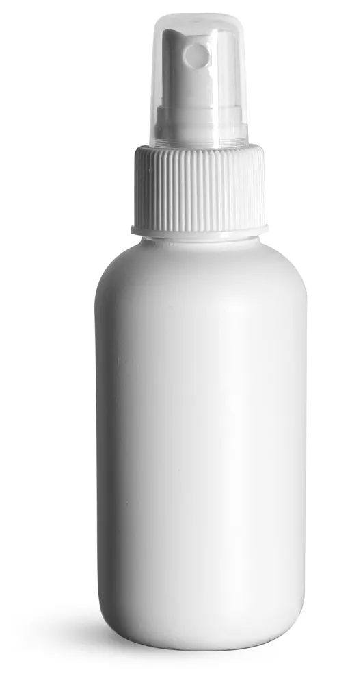 4 oz White HDPE Boston Round Bottles w/ White Sprayers