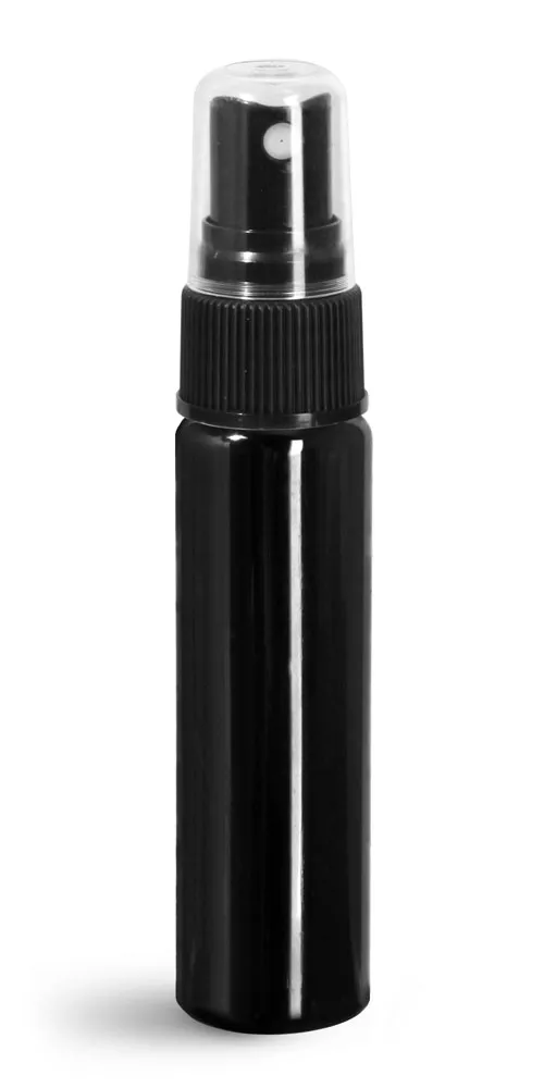 1 oz w/ Black Ribbed Sprayers Plastic Bottles, Black PET Slim Line Cylinders w/ Pumps or Sprayers