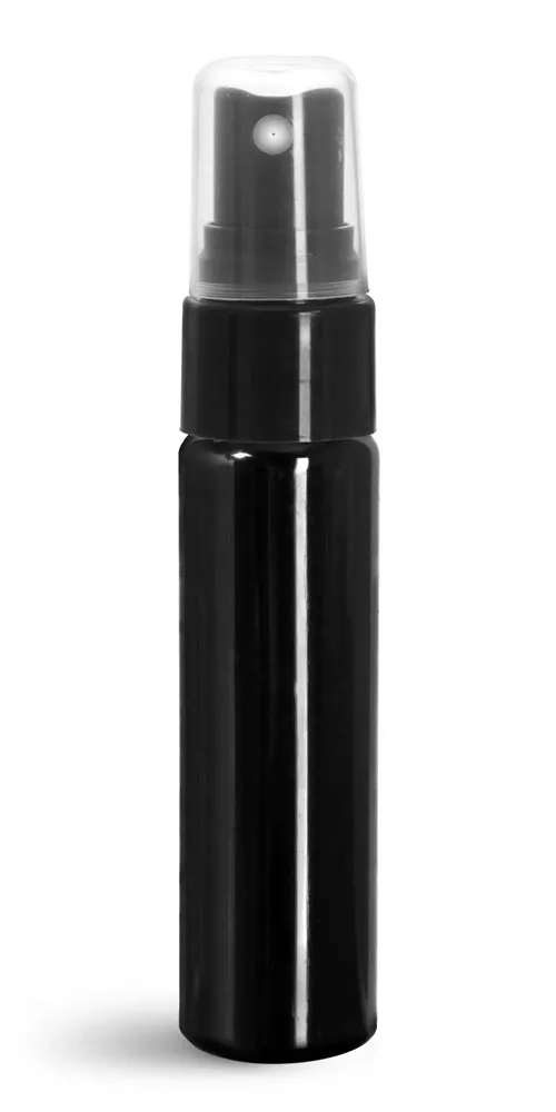 1 oz w/ Black Smooth Sprayers Plastic Bottles, Black PET Slim Line Cylinders w/ Pumps or Sprayers