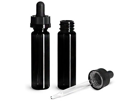 Plastic Bottles, Black PET Slim Line Cylinders w/ Black Child Resistant Glass Bulb Droppers