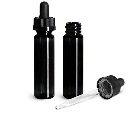 PET Plastic Bottles, Black Slim Line Cylinder Bottles w/ Black Child Resistant Glass Bulb Droppers