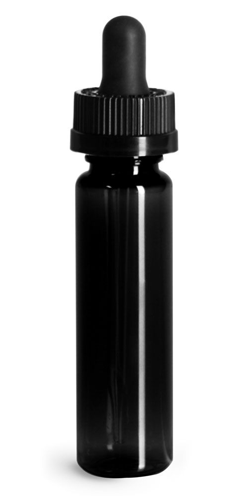 1 oz Plastic Bottles, Black PET Slim Line Cylinders w/ Black Child Resistant Glass Droppers