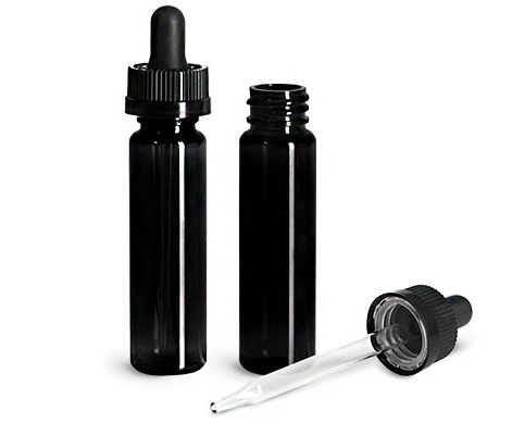 Plastic Bottles, Black PET Slim Line Cylinders w/ Black Child Resistant Glass Bulb Droppers