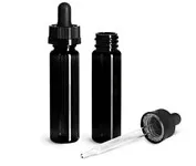 PET Plastic Bottles, Black Slim Line Cylinder Bottles w/ Black Child Resistant Glass Bulb Droppers