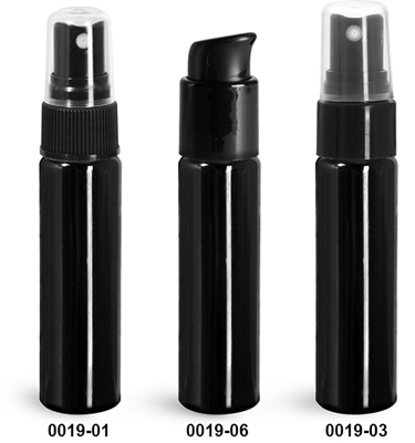 Plastic Bottles, Black PET Slim Line Cylinders w/ Pumps or Sprayers
