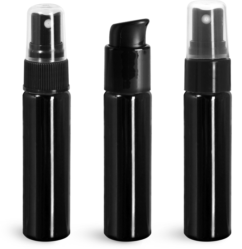 PET Plastic Bottles, Black Slim Line Cylinder Bottles w/ Pumps or Sprayers