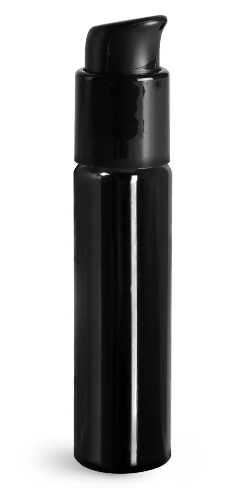 1 oz w/ Black Pumps PET Plastic Bottles, Black Slim Line Cylinder Bottles w/ Pumps or Sprayers