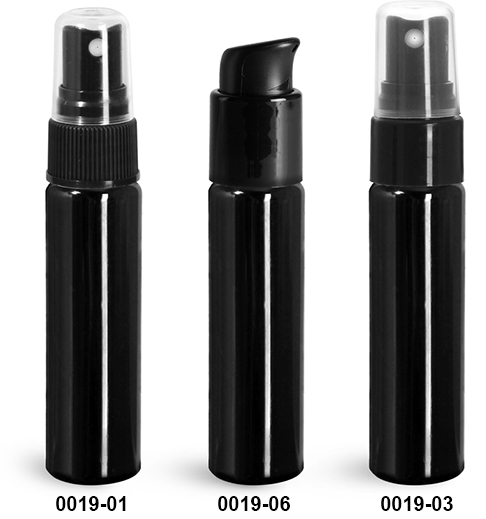 Plastic Bottles, Black PET Slim Line Cylinders w/ Pumps or Sprayers