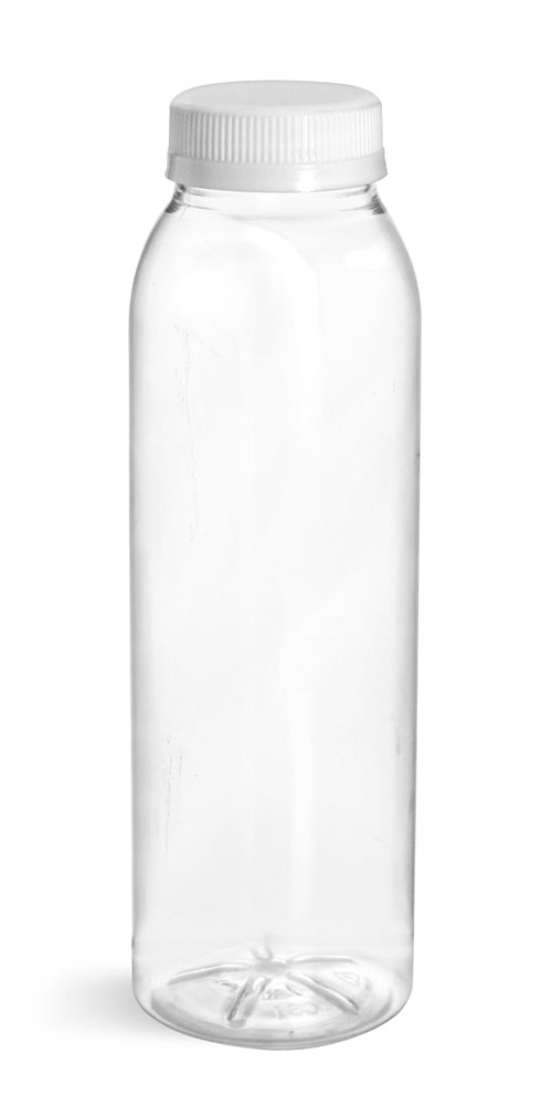 10 oz Plastic Bottles, Clear PET Round Beverage Bottles w/ White Tamper Evident Caps