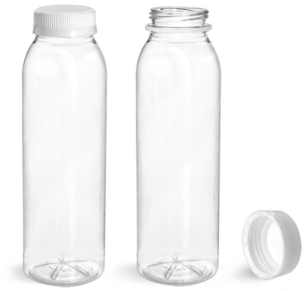 Plastic Bottles, Clear PET Round Beverage Bottles w/ White Tamper Evident Caps
