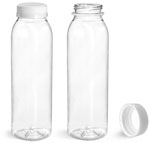 PET Plastic Bottles, Clear Round Beverage Bottles w/ White Tamper Evident Caps