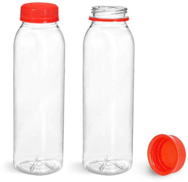 Plastic Bottles, Clear PET Round Beverage Bottles w/ Red Tamper Evident Caps