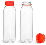 PET Plastic Bottles, Clear Round Beverage Bottles w/ Red Tamper Evident Caps