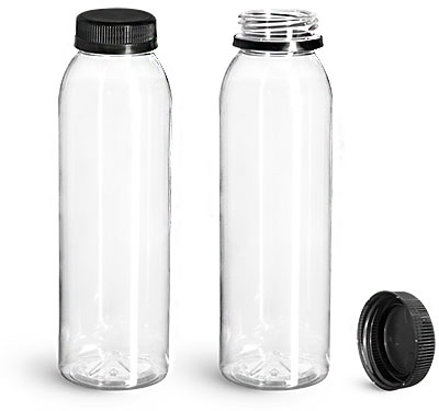 Plastic Bottles, Clear PET Round Beverage Bottles w/ Black Polypro Tamper Evident Caps