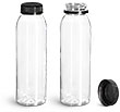 PET Plastic Bottles, Clear Round Beverage Bottles w/ Black Polypro Tamper Evident Caps