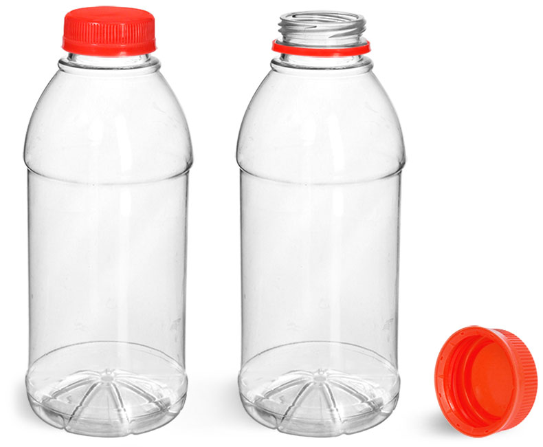 Plastic Bottles, Clear PET Beverage Bottles w/ Red Tamper Evident Caps