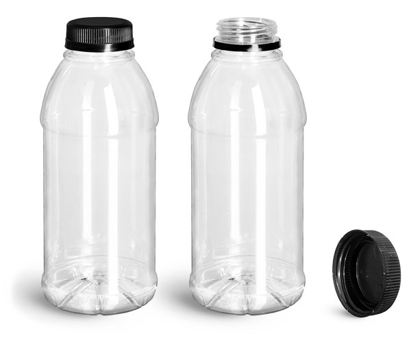 16 oz Plastic Bottles, Clear PET Beverage Bottles w/ Black Polypro Tamper Evident Caps