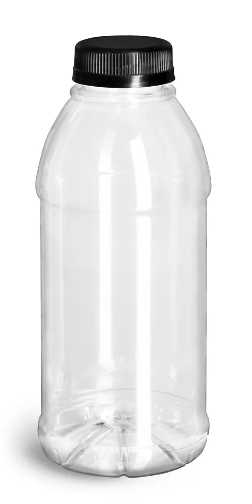 16 oz Plastic Bottles, Clear PET Beverage Bottles w/ Black Polypro Tamper Evident Caps