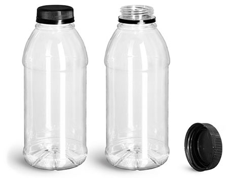 Plastic Bottles, Clear PET Beverage Bottles w/ Black Polypro Tamper Evident Caps