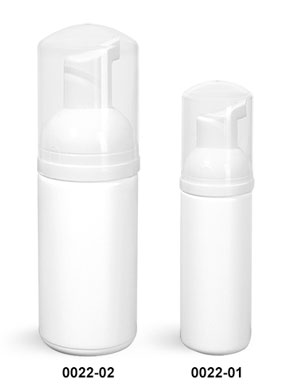 Plastic Bottles, White HDPE Cylinder Bottles w/ White Foamer Pumps & Overcaps